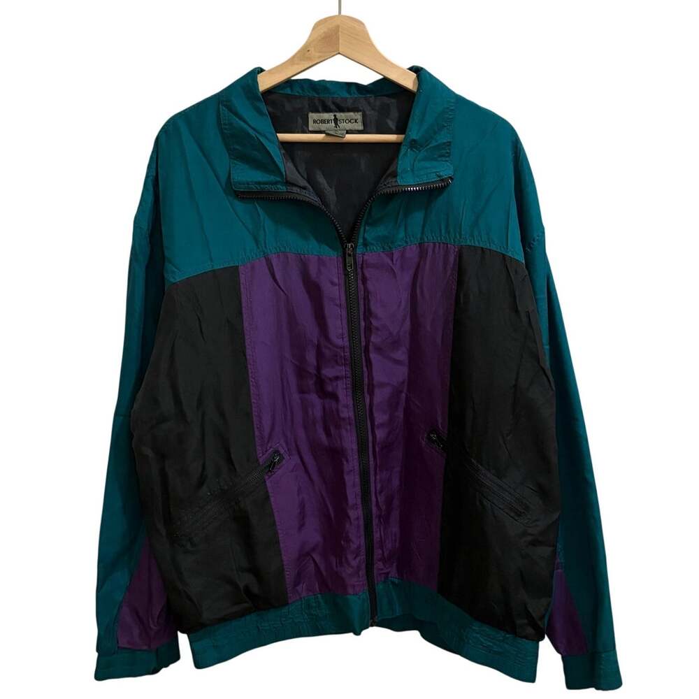 VTG Robert Stock Jacket Mens Large Colorblock 100% Silk Full Zip Windbreaker